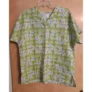 Women's Scrub Top M Medium Green White Pink Floral Print Plaid V Neck Pocket